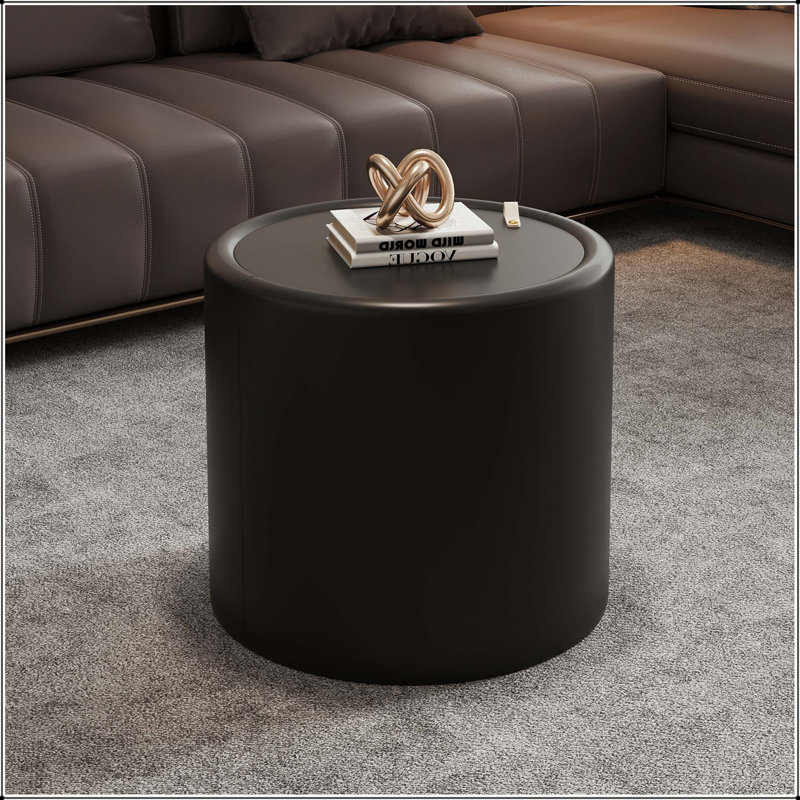 Table basse ronde noire - Plateau en verre trempé avec rangement dissimulé, sans assemblage, 17.72" H x 19.69" W x 19.69" D