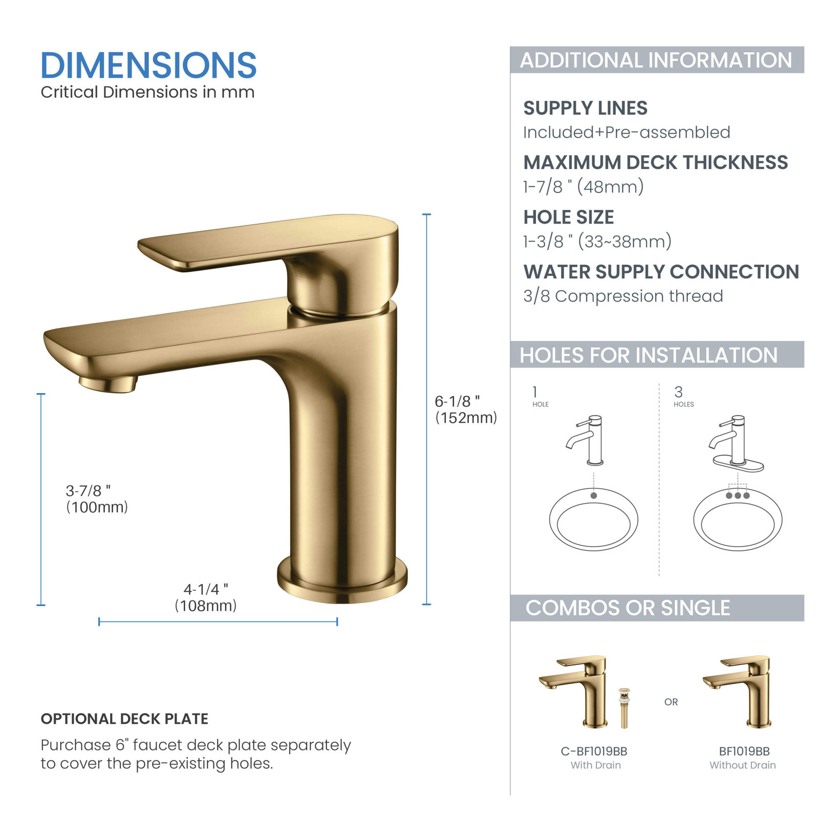 Tender Single-Hole Bathroom Faucet with Drain, Brushed Brass