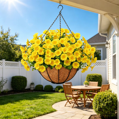 2Pcs Artificial Hanging Flowers with Basket for Outdoor Summer Garden Decoration Faux Petunias Flowers Fake Morning Glory Plants for Outside Patio Front Porch Balcony Yard Decor
