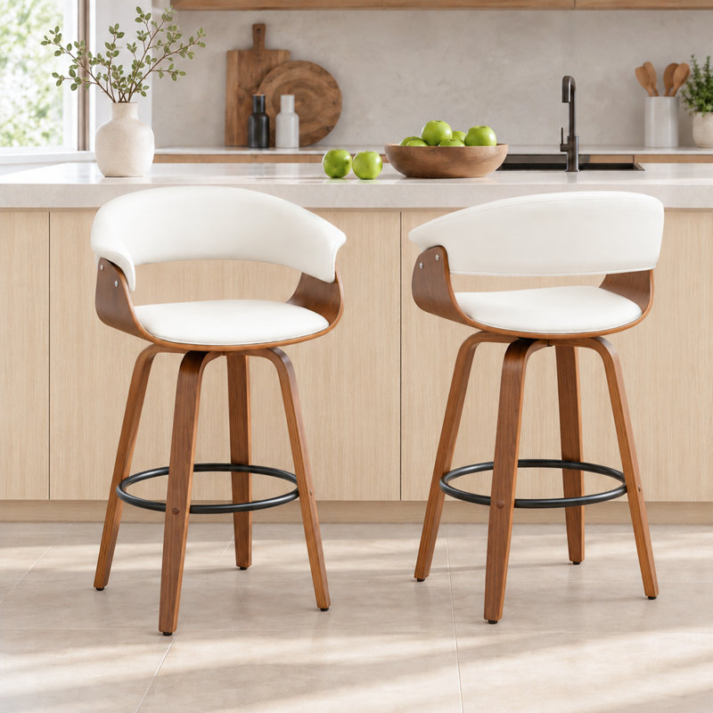 Tabourets pivotants Mid-Century rembourrés en similicuir Devlin, Blanc, Tabouret de comptoir (siège d'une hauteur de 25 p