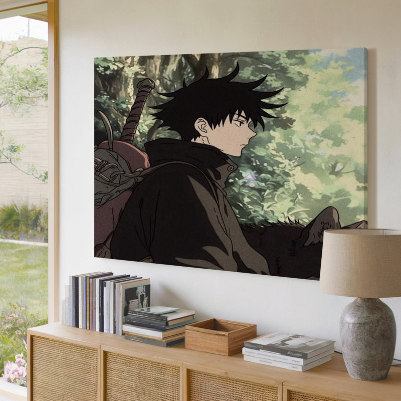 Reproduction d'art sur toile de style animé Warrior avec épée et loup en forêt, 11 x 14 in
