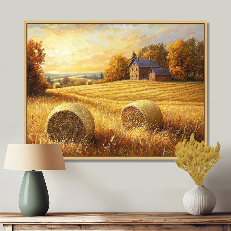 «Countryside Golden Harvest Fields III», impressions sur toile, H 34 po x l 44 po, Cadre flottant, Crème, crème