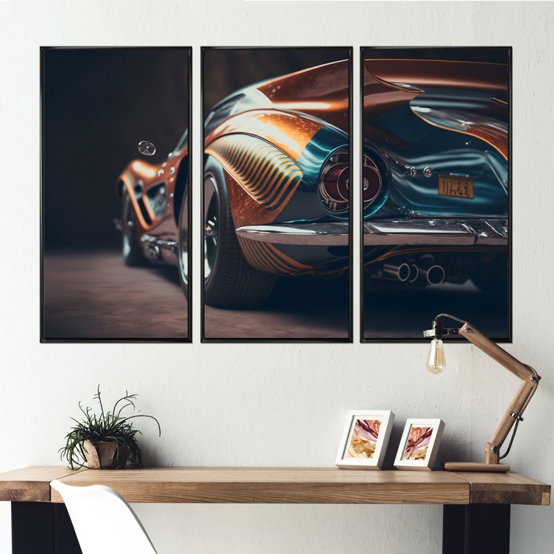 Gros plan d'une voiture rétro classique V, reproduction sur toile 3 pièces, H 28 po x l 36 po x P 1 po, Cadre noir