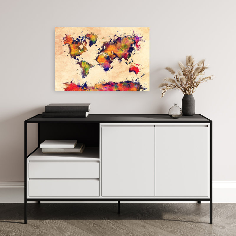 «Vibrant World Map», art mural moderne contemporain abstrait, H 16 po x l 24 po