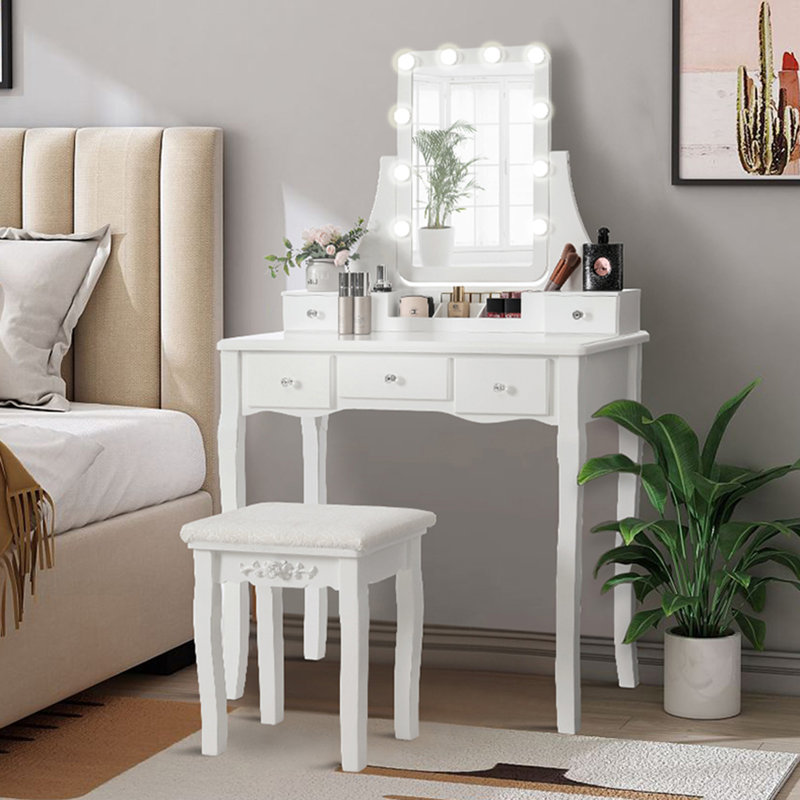 Ensemble coiffeuse et tabouret en bois Pylesville, Blanc
