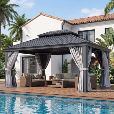 Gazebo de jardin à toit rigide de 4,9 m x 3,7 m, structure en aluminium, toit en acier galvanisé à deux niveaux, avec rideaux d'intimité et moustiquaire pour patio, jardin ou terrasse.