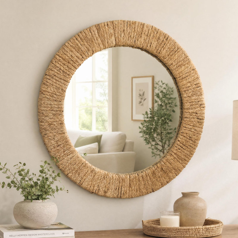 Miroir mural rond en gazon tissé à la main pour chambre à coucher décorative de style campagnard Boho, H 28 po x l 28 po