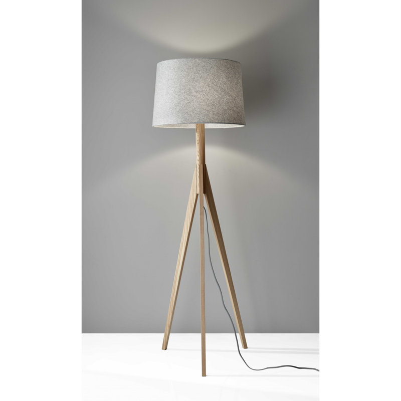 Hollandsworth 59" Natural Solid Wood Tripod Floor Lamp With Gray Fabric Empire Shade