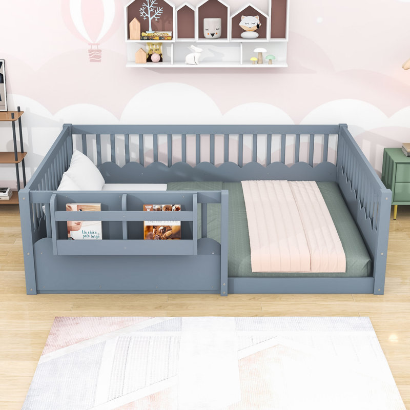 Wood Floor Bed with Fence and Bookshelf, Full, Gray