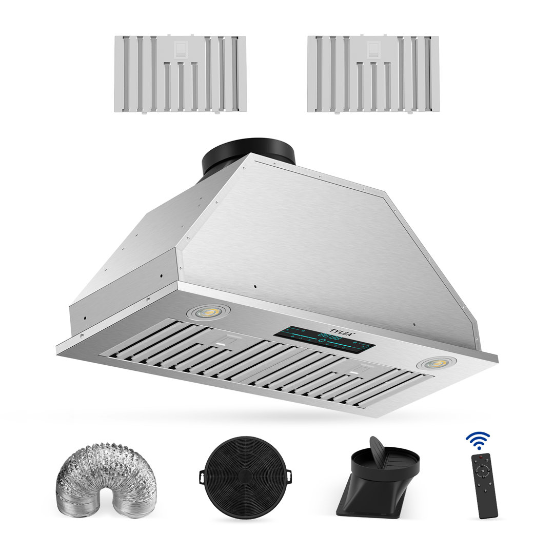 PowerFlow Series 30" 900 CFM Convertible Insert Range Hood Digital Control Panel with Baffle Filter Charcoal Filter and LED Light Stainless Steel Silver Tylza
