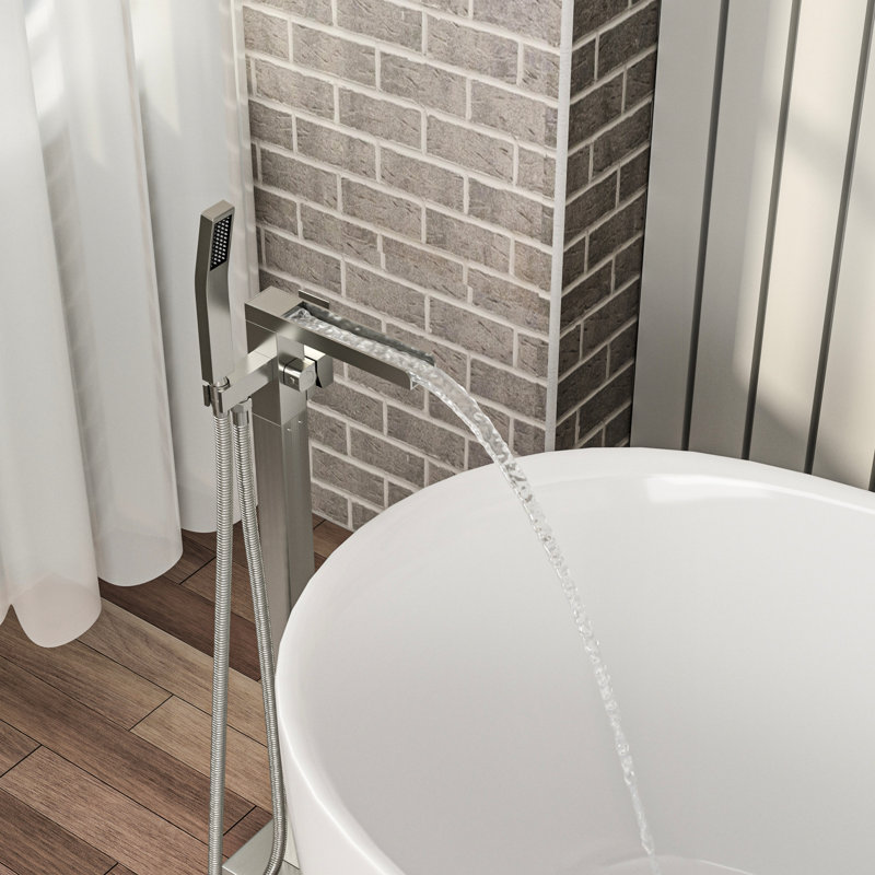 Freestanding Bathtub Filler, 360 Waterfall Spout And Detachable Handheld, Dual Control, On Brass Faucet, SIlver