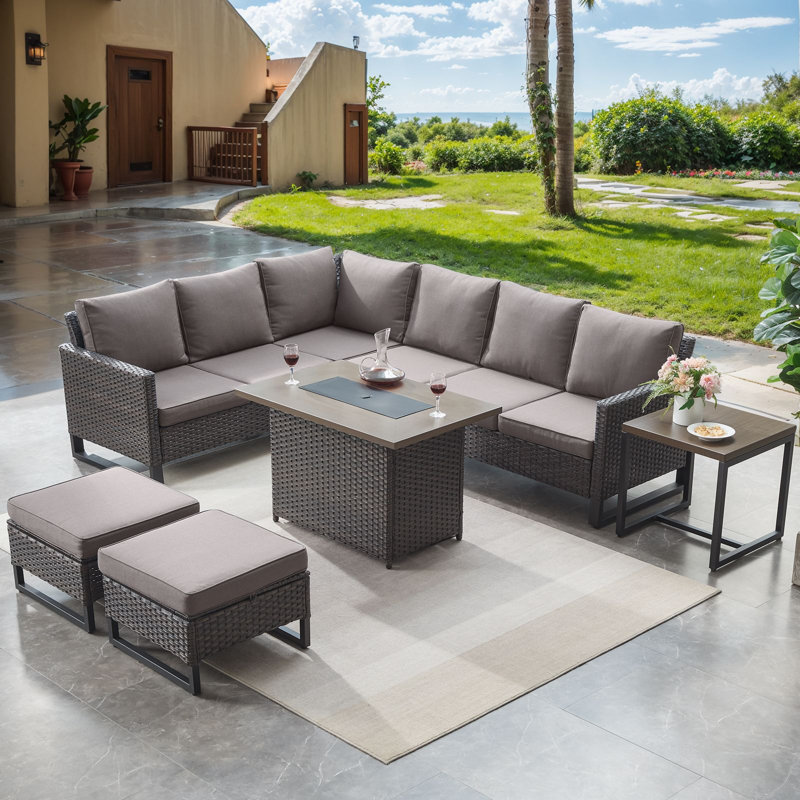 Ensemble de conversation modulaire d'extérieur 5 pièces avec foyer et coussins, Brun, Gris