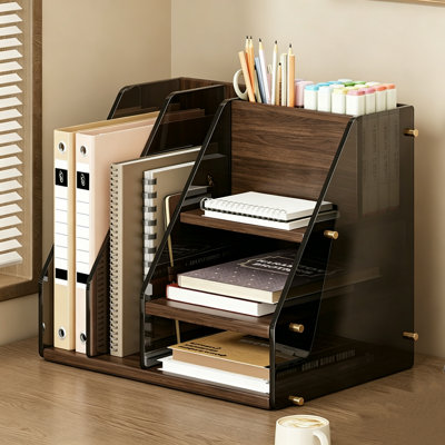 Desktop File Organizer with 5 Vertical File Slots, 3-Tier Paper Tray & Pen Holder, Multifunctional Wooden Desk Organizer with Acrylic Side Panels for Office, Home, School & Study