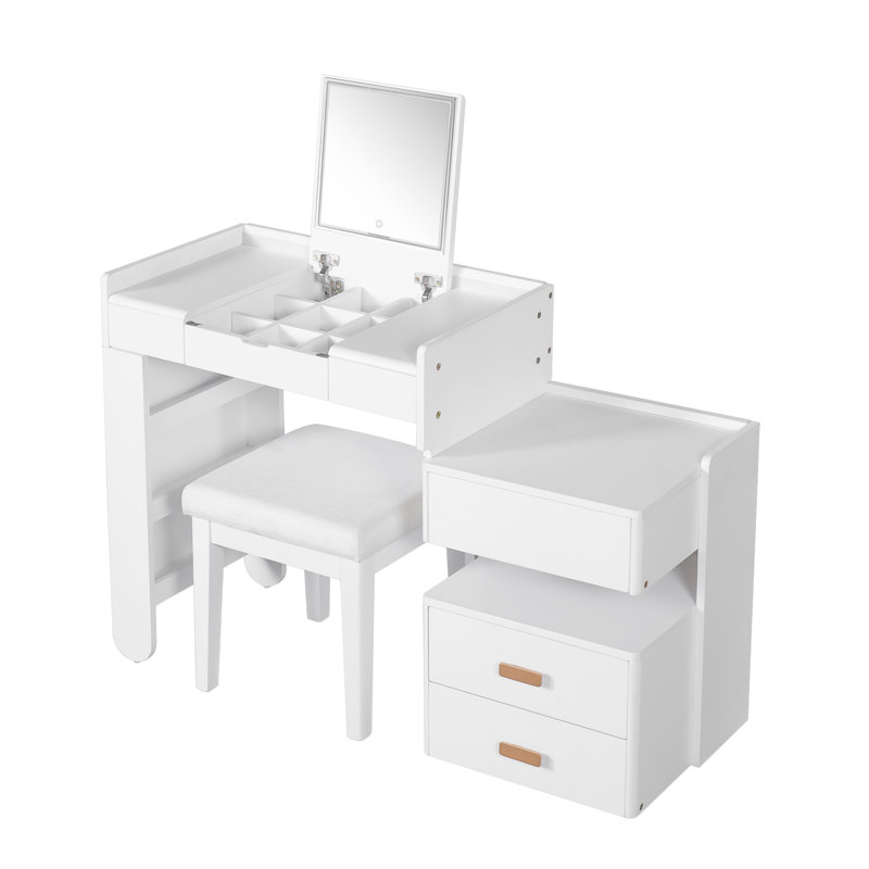 3-in-1 Makeup Vanity Desk with Flip-Top Mirror, LED Lighting, Adjustable Length & Ample Drawers, White