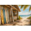 Planche de surf plage, cabane de surf tropical, toile tendue-129989416