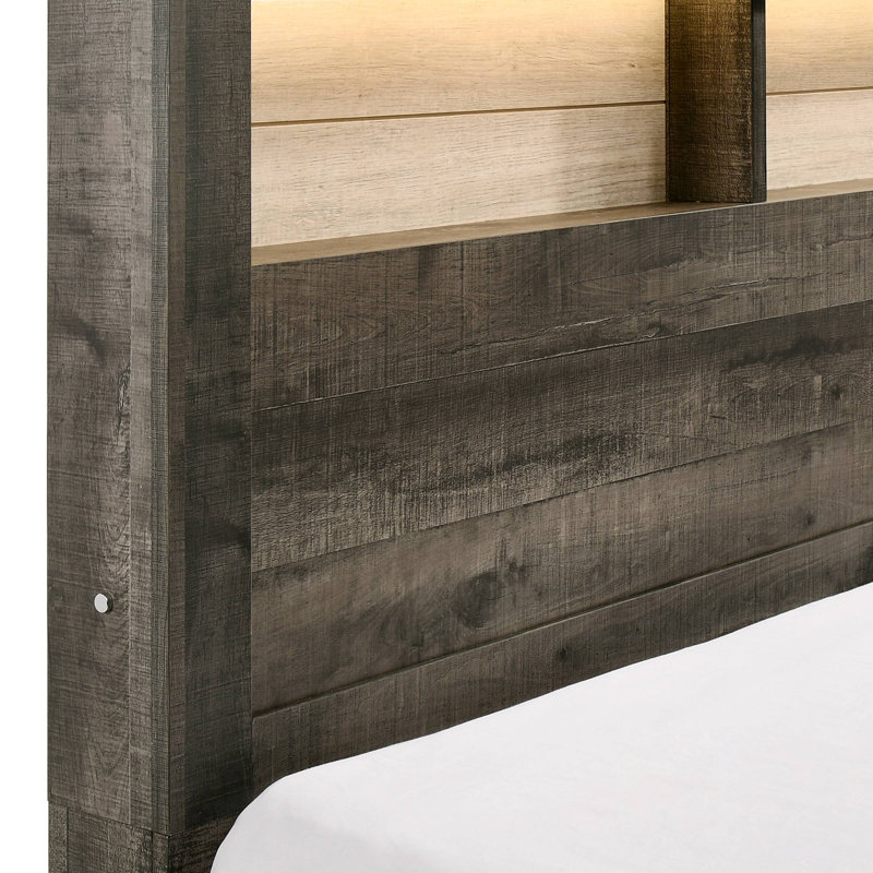 Lit plateforme avec rangement 1 pce, tête de lit à profil bas et éclairage encastré de style campagne moderne, Grand lit