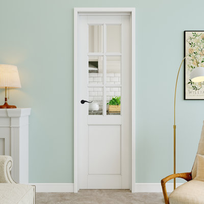 24" x 80" 6-Lite Clear Glass Interior Prehung Door with Curve Lever and Silver Hinges, Clear Glass Door Slab, Paintable & Waterproof, Suit for Laundry, Closet Doors, Room Doors, Right Hand