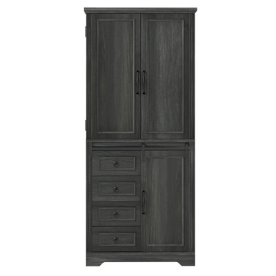 Farmhouse-Style Sliding Door Kitchen Pantry Cabinet with Adjustable Shelves and Drawers