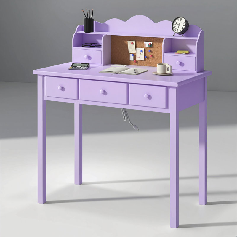 36.2'' Solid Wood Computer Writing Desk with 3 Power Outlets, Purple