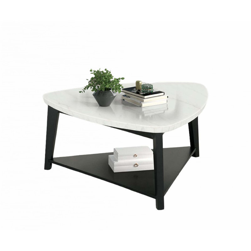 Table basse triangulaire de style contemporain avec plateau de rangement en marbre