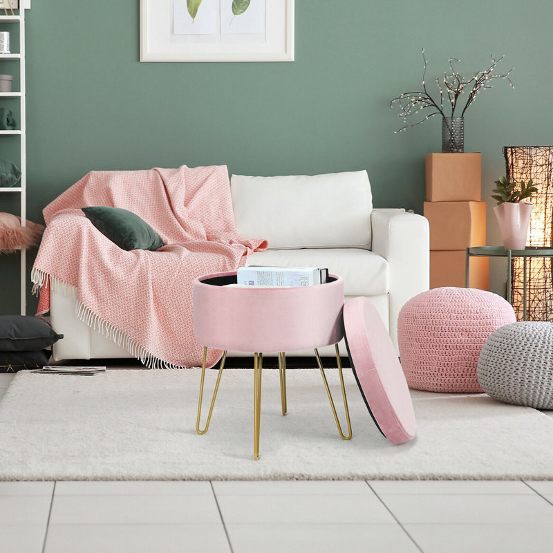 Repose-pieds de rangement rond 15 po Celecia, Velours rose