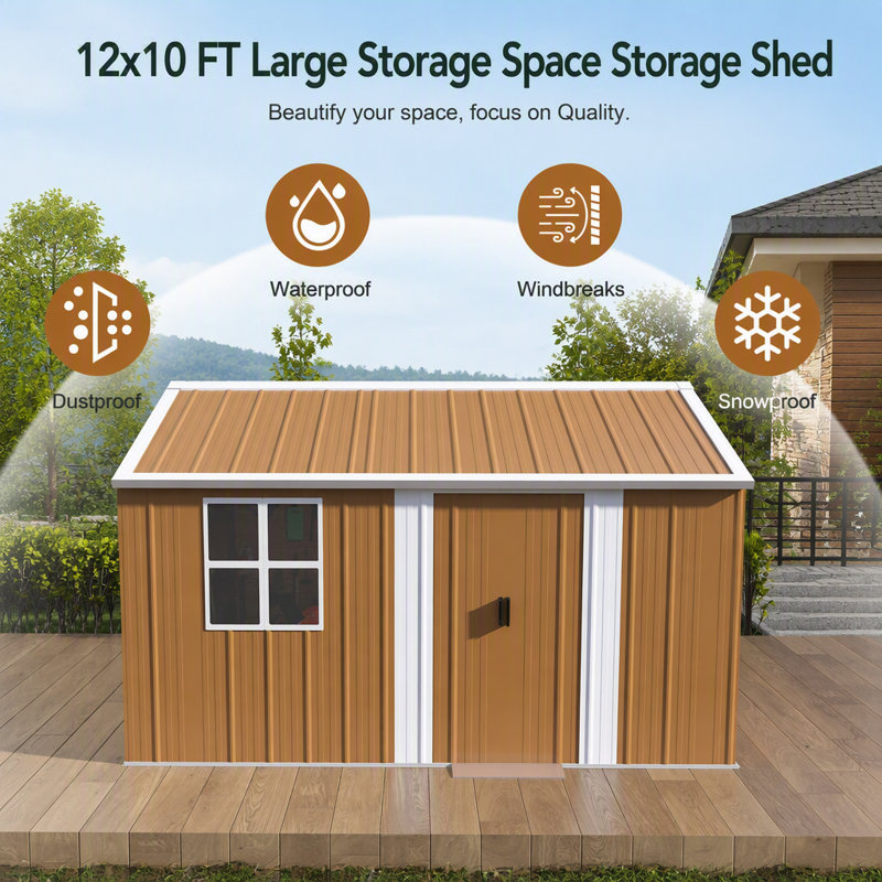 Remise de rangement en métal robuste de 12 x 10 pi avec fenêtres, porte verrouillable et ventilation pour une organisation extérieure résistante aux intempéries