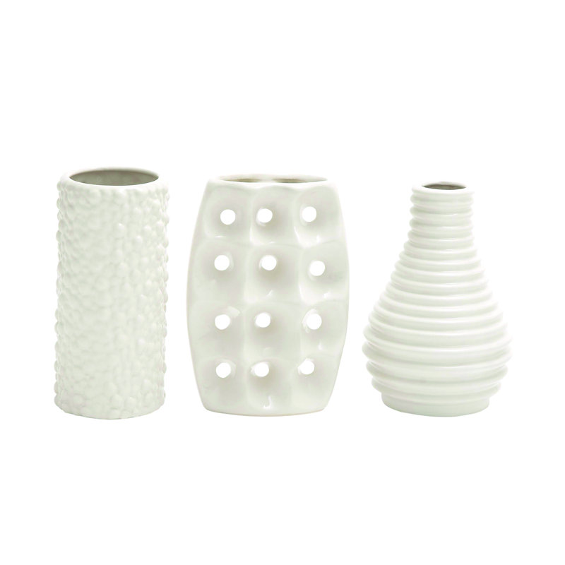 Ceramic Decorative Vase with Varying Patterns Set, White, 7.7" H x 5.10" W x 5.05" D