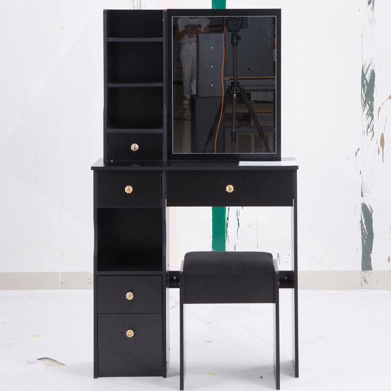 Table de coiffeuse de 29,2 po avec tiroir gauche, tabouret rembourré, miroir coulissant à droite, rangement multi-couches à grande capacité, commode pratique et pratique, convient aux petits espaces
