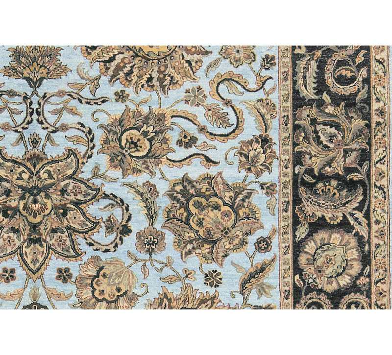 Tapis bleu clair et noir noué à la main de haute qualité