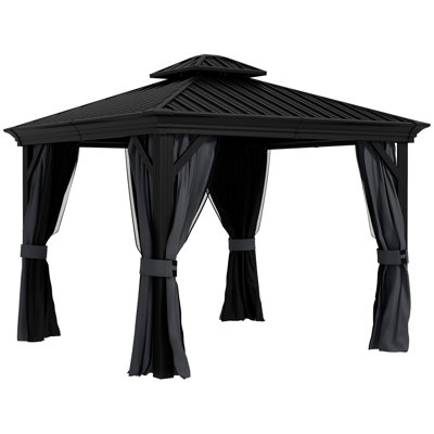 3.65 x 3m Outdoor Double-Tier Hardtop Gazebo with Aluminium Frame, Dark Grey Privacy Curtains and Mosquito Netting for Patio Backyard Use