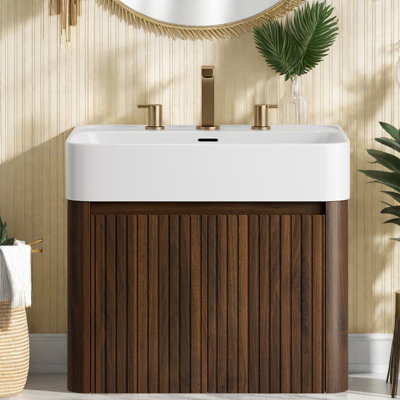 Meuble-lavabo flottant moderne en bois de noyer (avec meuble-lavabo et lavabo) avec rangement