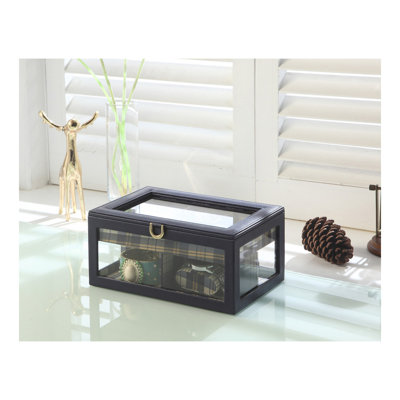 98 Long Tempered Glass and Leather Jewelry Case  Watch Display Blue