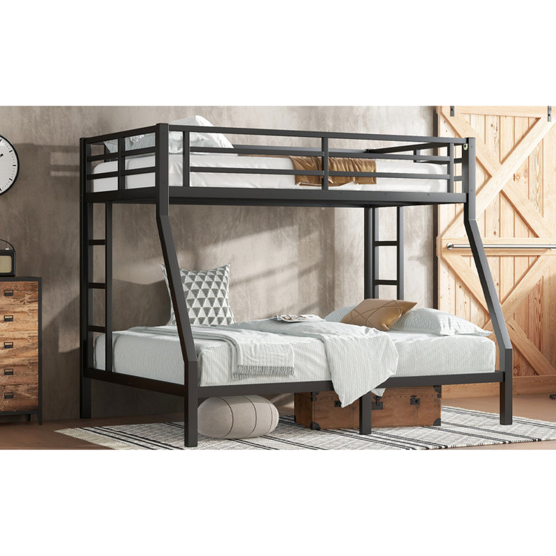 Lit superposé en métal noir simple au-dessus d'un lit double, adolescents, conception d'espace, bruit, bouchons en plastique, rangement inférieur, structure solide, assemblage facile avec directions, lit double, adolescents et adultes, cadre solide, garde-corps,