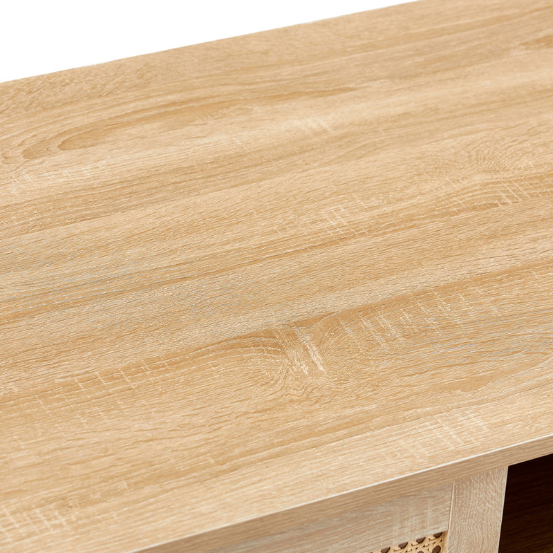 Table basse en rotin de 41,34 po, porte coulissante pour rangement, pieds en bois massif, table de salon moderne, naturel