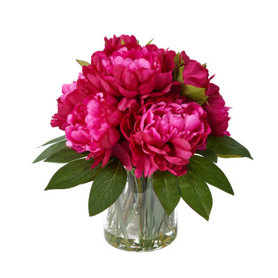 Adcock 12" Artificial Peony Floral Arrangement In Clear Glass Vase With Realistic Acrylic Water, 10 Lifelike Silk Blooms (7 Large & 3 Buds) For Table Centerpiece, Modern Home Office Decor