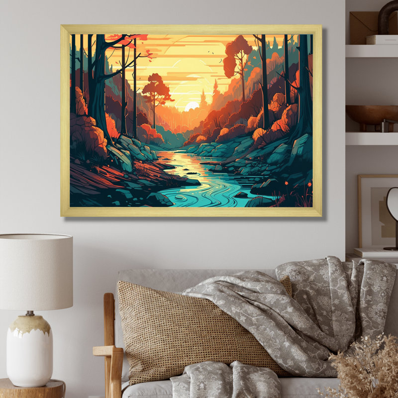 «Beautiful Stream At Sunset III - Landscape Forest», reproduction sur toile, H 12 po x l 20 po x P 1 po, Encadrement doré