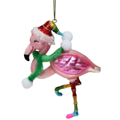 Ornement de Noël 4,25 "flamant rose avec chapeau arc-en-ciel