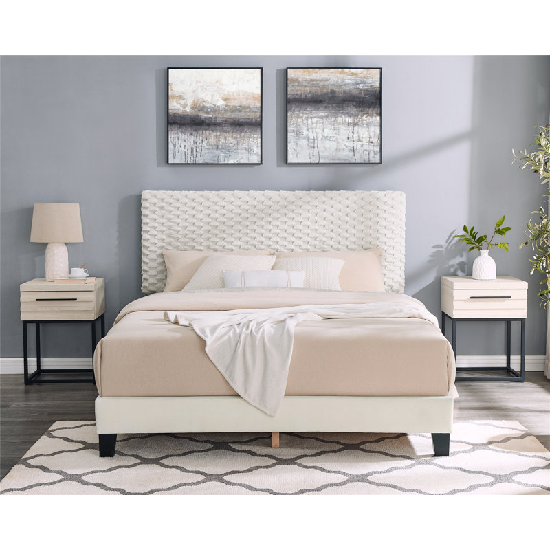 Ensemble de chambre à coucher 3 pièces, lit rembourré moelleux 3D avec deux tables de chevet, grand, colombe blanche, durable et élégant