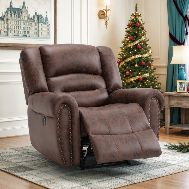 Intars 39.8" W Faux Leather Power Recliner, Dark Brown Faux Fur Performance Leather