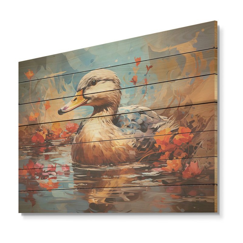 Blue And Brown Duck In Pond I - Duck Animal On Wood Print, 24" H x 32" W x 0.78" D