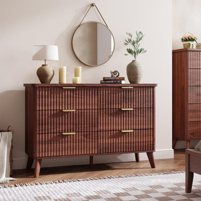 Fluted 6 Drawer Dresser, Curved Profile Design 47.2" Wide Wooden Chest & TV Stand for Bedroom Living Room