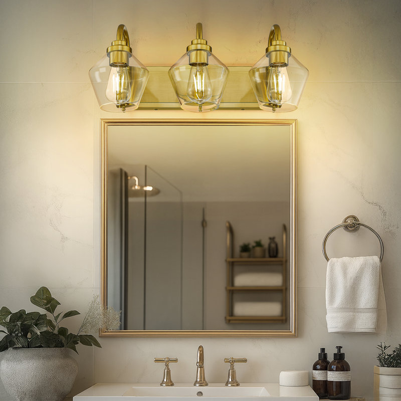 Meuble-lavabo à 3 lumières en verre clair de style campagne clair, or brossé, H 10,6 po x l 23,2 po x P 10,23 po, Or brossé