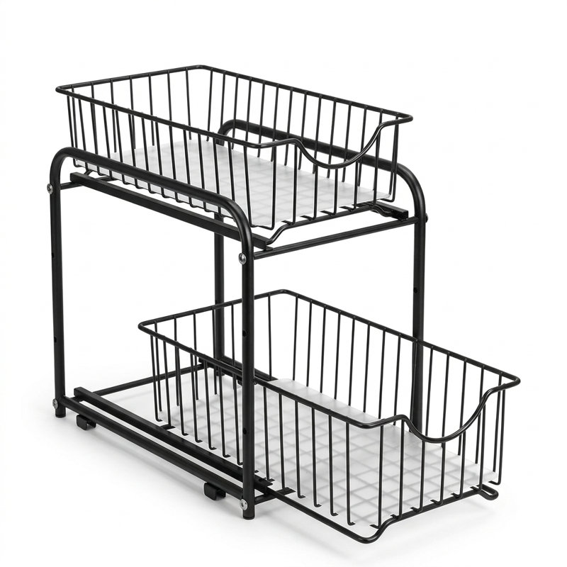 2-Tier Under Sink Organizer with Pull-Out Drawers, Stackable Metal Storage Rack, 14.5 x 8.5 x 10.7 Inches, Black