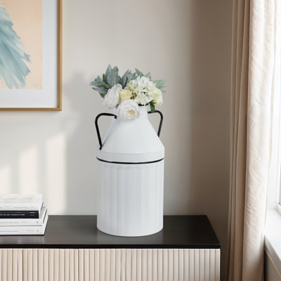 Decorative Metal Iron Vase with Ribbed Base and Side Handles - Vintage-Inspired Cylindrical Silhouette for Eye-Catching Display and Timeless Accent Decor