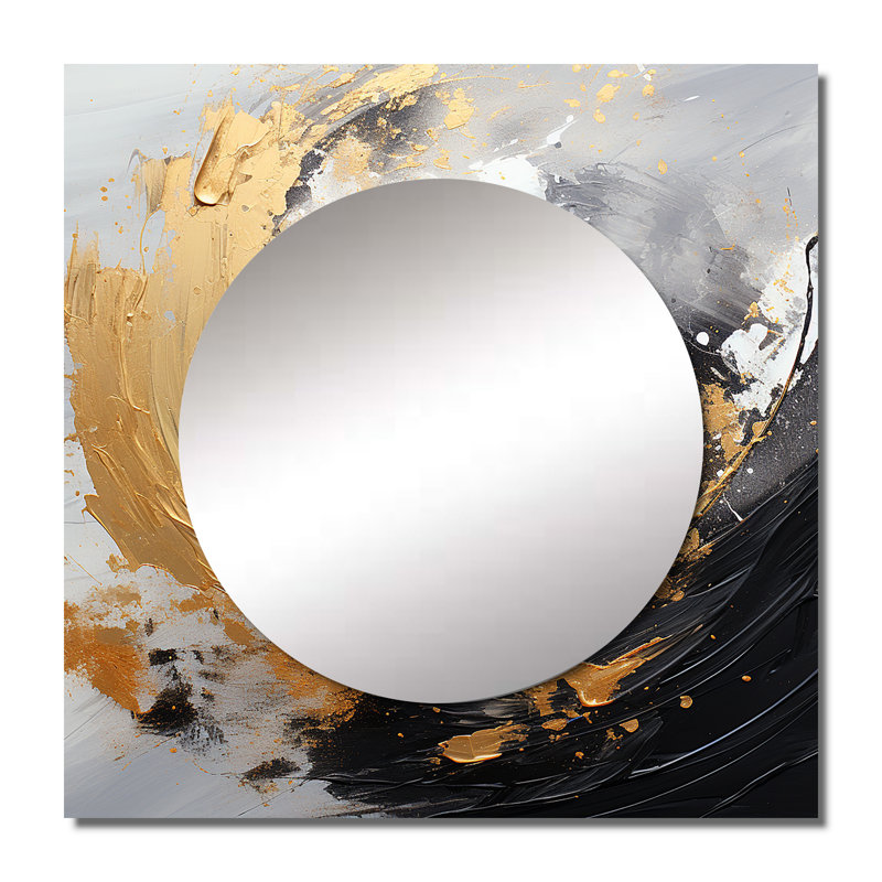 Yin Yang au-delà de la dualité abstrait doré et noir II - miroir carré abstrait pour décoration murale, 36 po x 36 po