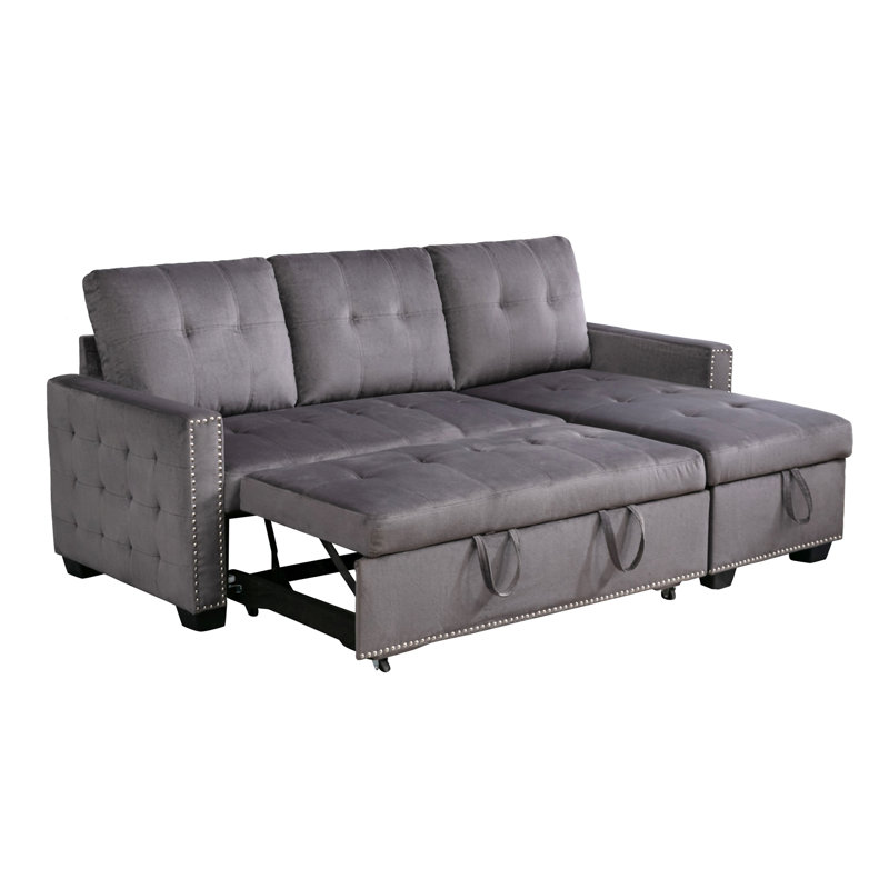 77 Inch Reversible Sectional Storage Sleeper Sofa Bed, Dark Gray Velvet