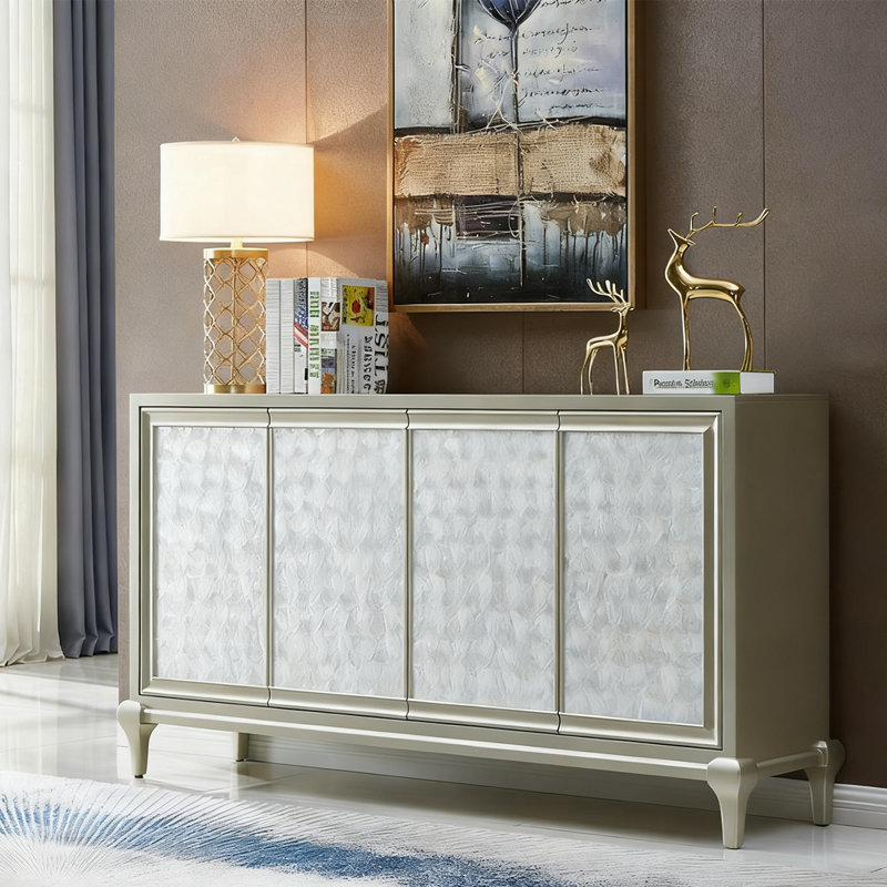Buffet champagne argent massif et bois manufacturé, H 33,46 po x l 55,12 po x P 15,75 po