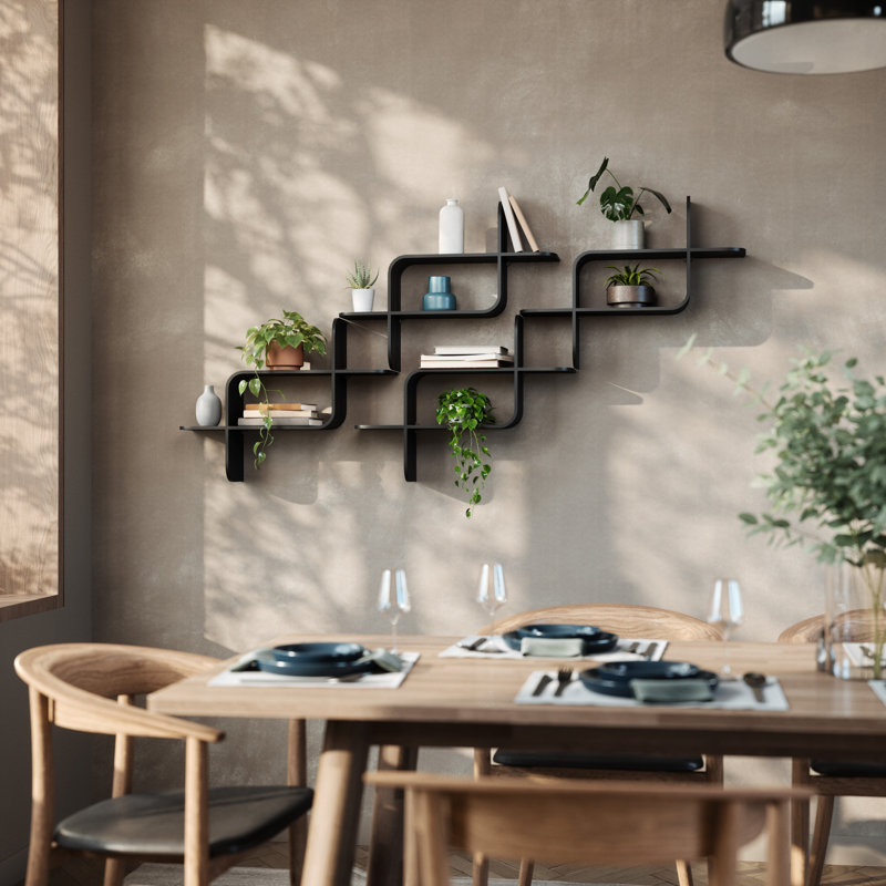 Black Rubberwood Modern Floating Wall Shelf Set