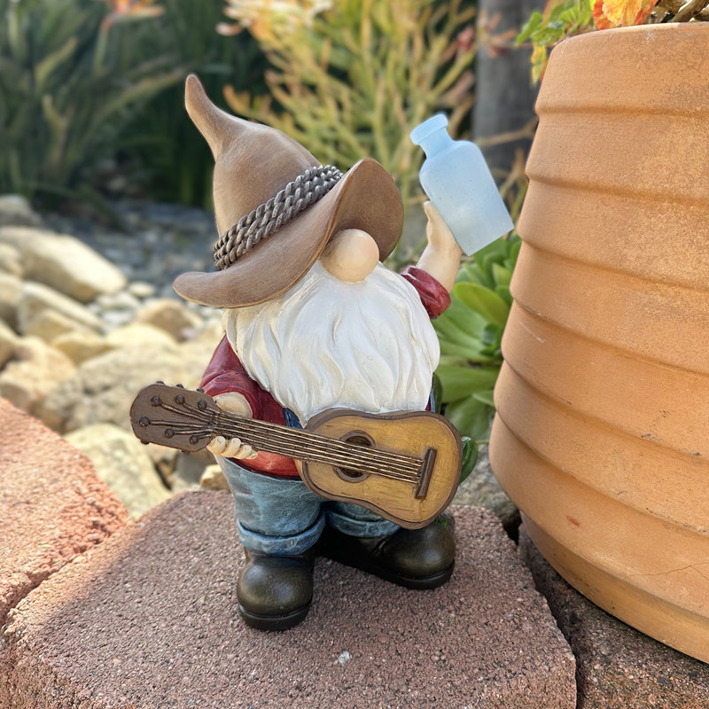 Statue de gnome solaire Exhart avec guitare et bouteille incandescente, 9 x 5 x 11 po Exhart