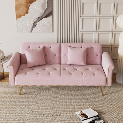69" Tufted Velvet Convertible Futon Loveseat with Nailhead Trim, Adjustable Back Sleeper Sofa Couch with 2 Pillows, Gold Metal Legs for Apartment Bedroom Guest Room